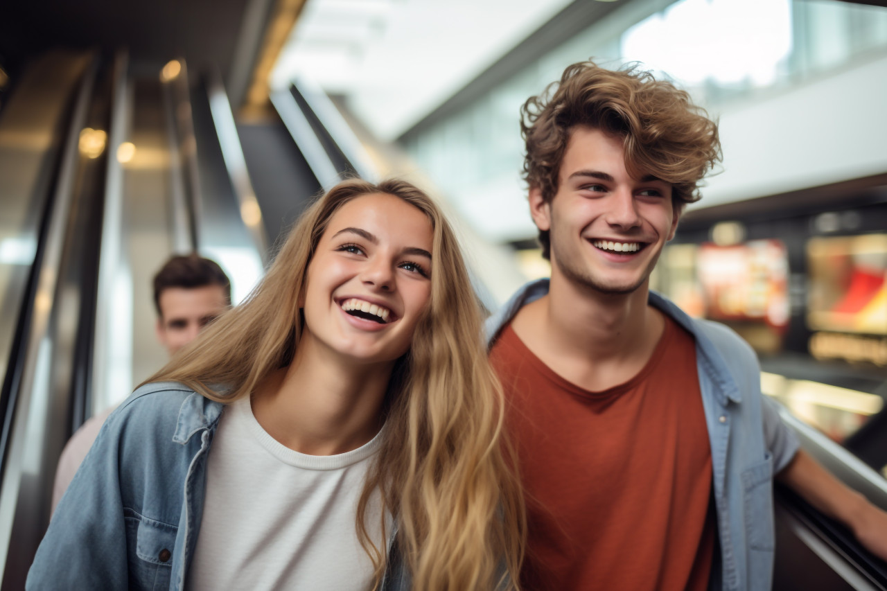 A picture of a happy man and woman standing on a moving staircase in a shopping center, black friday deals