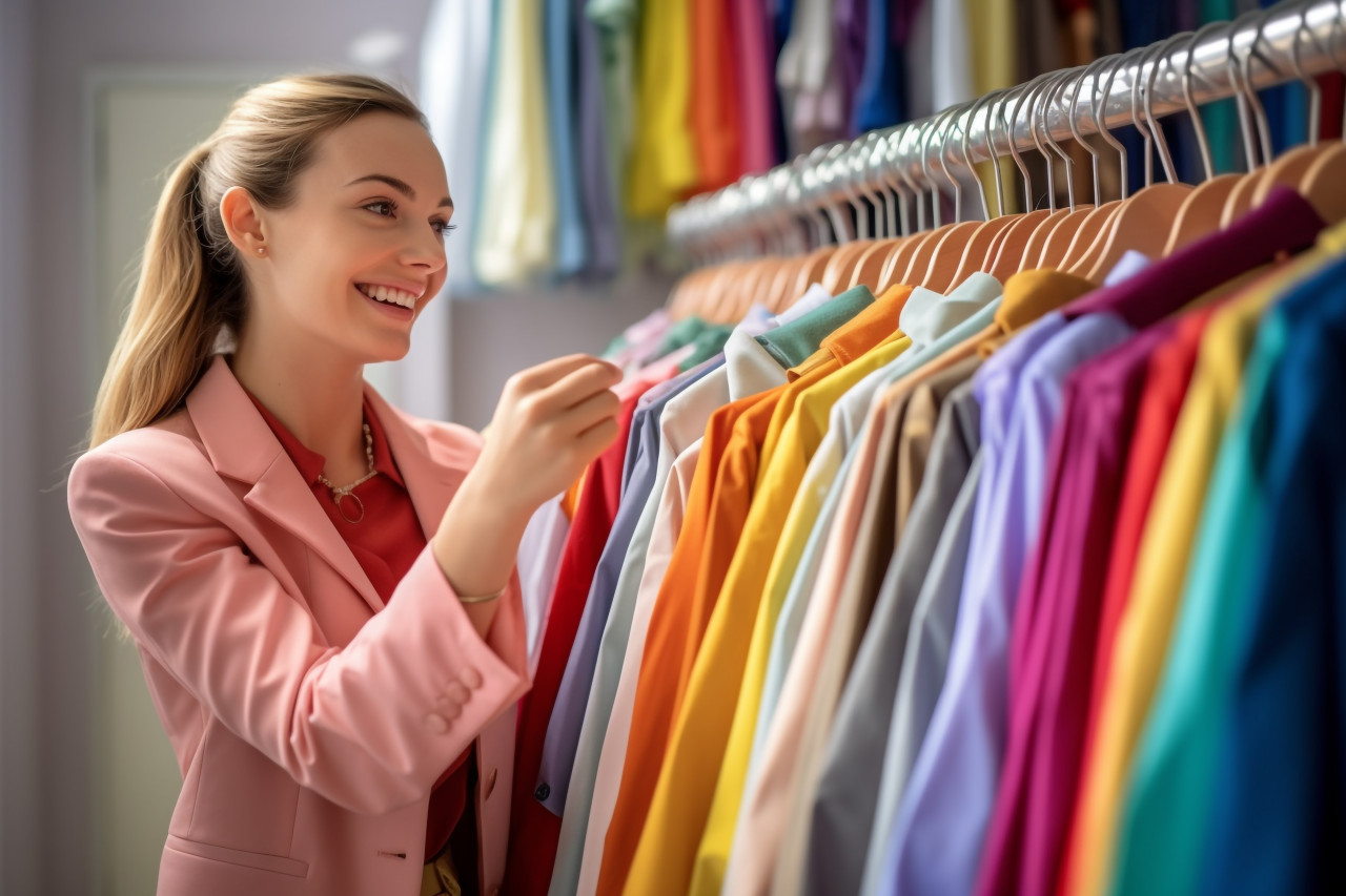A photo of a happy young woman shopping for clothes in a store. she is looking at a rack of clothes and the background is blurry, black friday deals