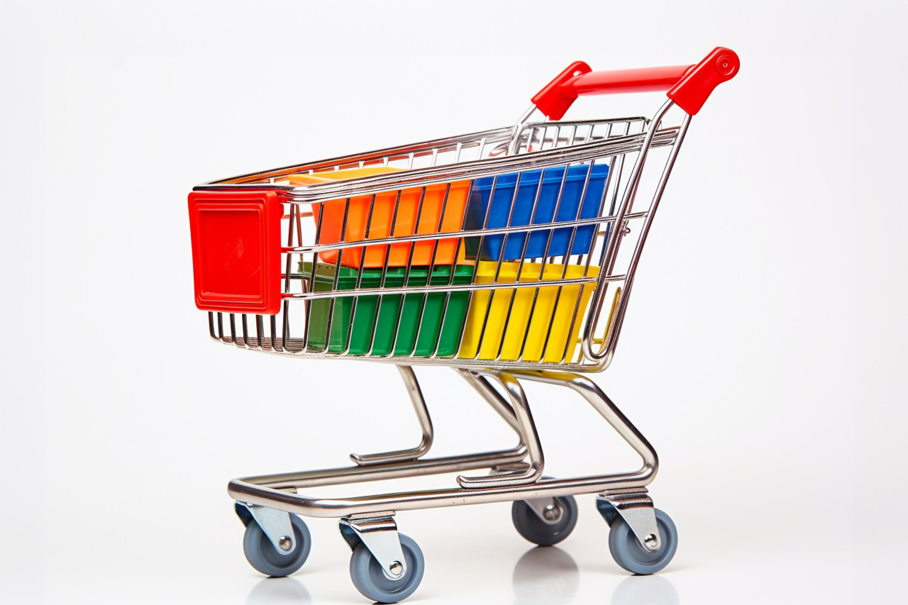 A close up photo of a shopping cart with a white background, black friday deals