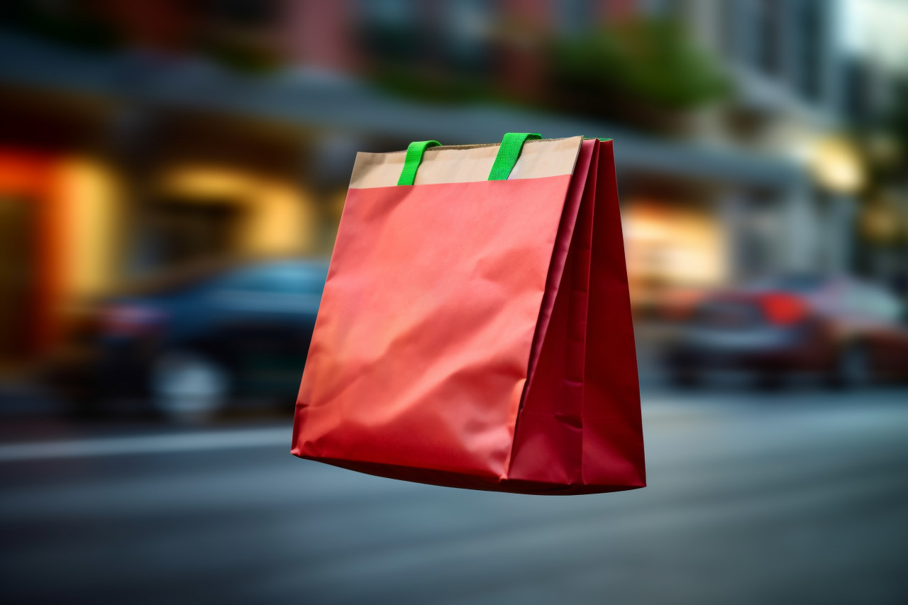 A photo of a fast self driving grocery bag delivering food showing the idea of online grocery shopping, black friday deals