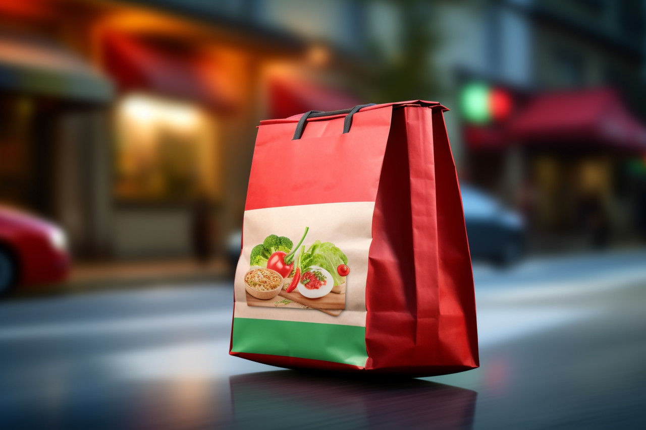 A photo of a fast self driving grocery bag delivering food showing the idea of online grocery shopping, black friday deals