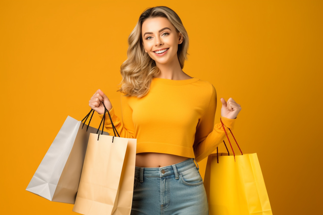 Picture of a happy woman in a yellow shirt and jeans holding shopping bags and standing in front of a yellow background, black friday deals