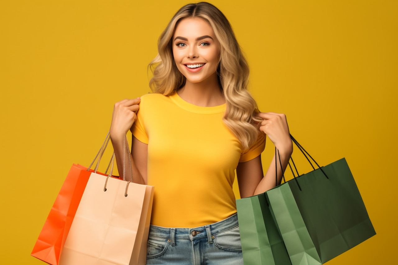 Picture of a happy woman in a yellow shirt and jeans holding shopping bags and standing in front of a yellow background, black friday deals