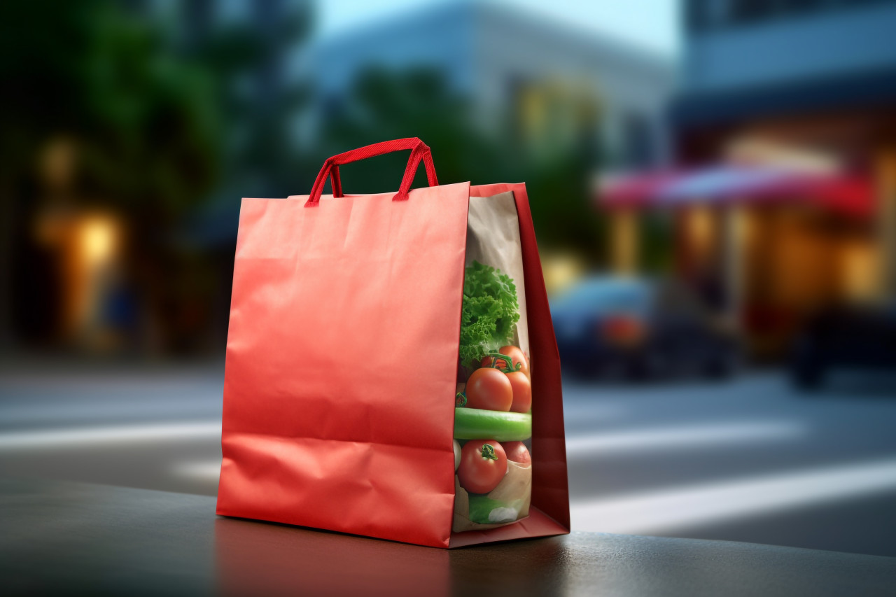 A photo of a fast self driving grocery bag delivering food showing the idea of online grocery shopping, black friday deals