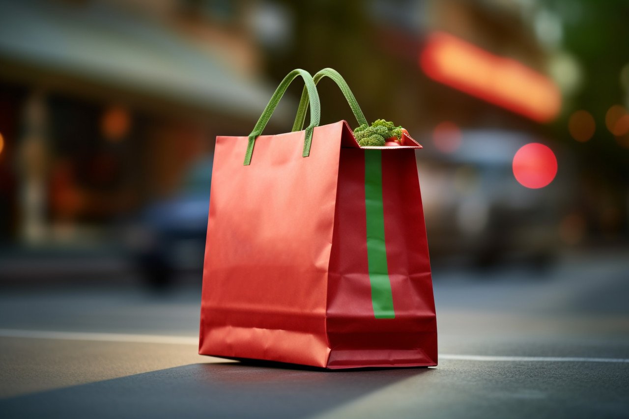 A photo of a fast self driving grocery bag delivering food showing the idea of online grocery shopping, black friday deals