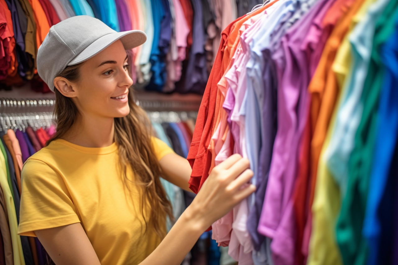 A photo of a young woman shopping in a fashion mall looking through hangers of casual and colorful clothes, black friday deals