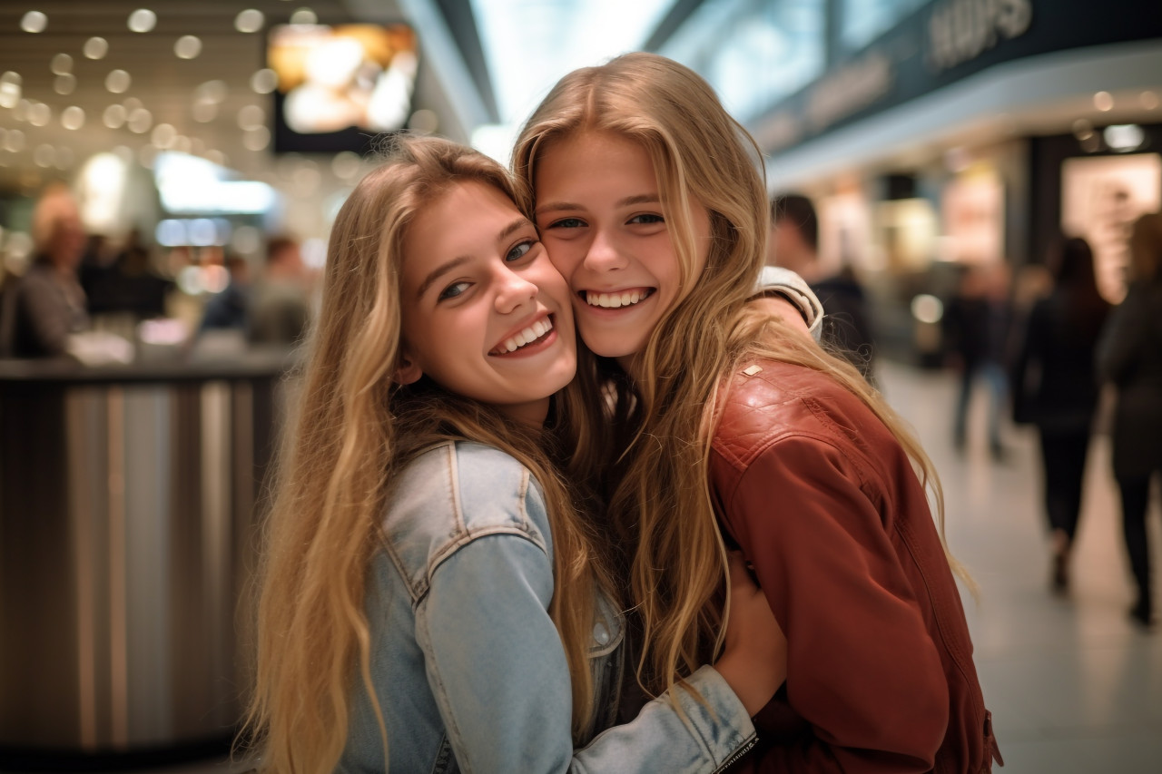 A picture of a happy teenage girl hugging her friend in a shopping mal, black friday sale