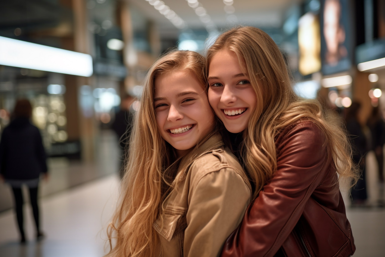 A picture of a happy teenage girl hugging her friend in a shopping mal, black friday sale