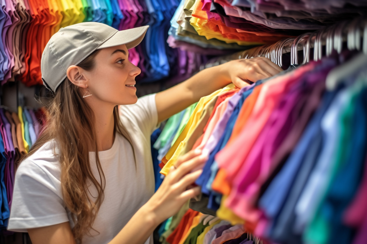 A photo of a young woman shopping in a fashion mall looking through hangers of casual and colorful clothes, black friday deals
