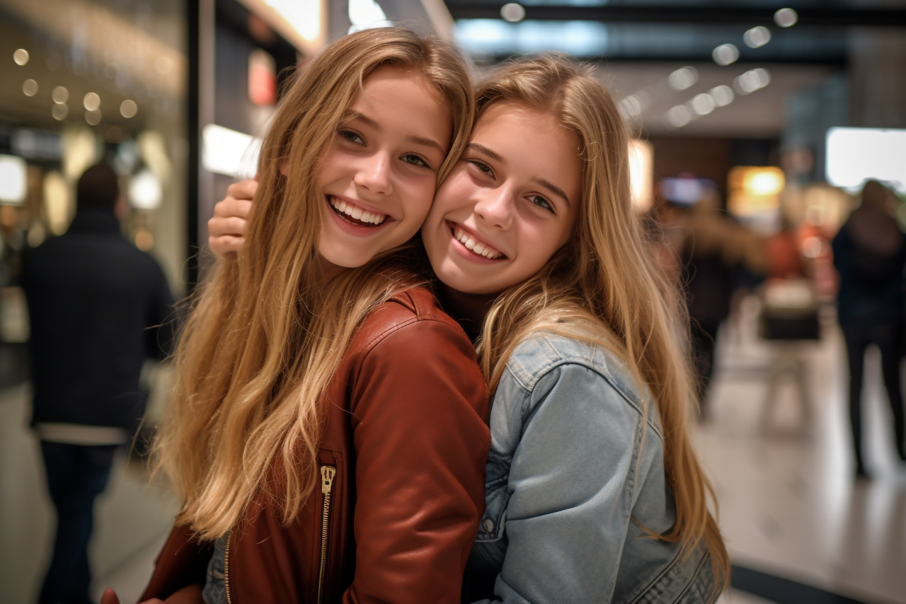 A picture of a happy teenage girl hugging her friend in a shopping mal, black friday sale