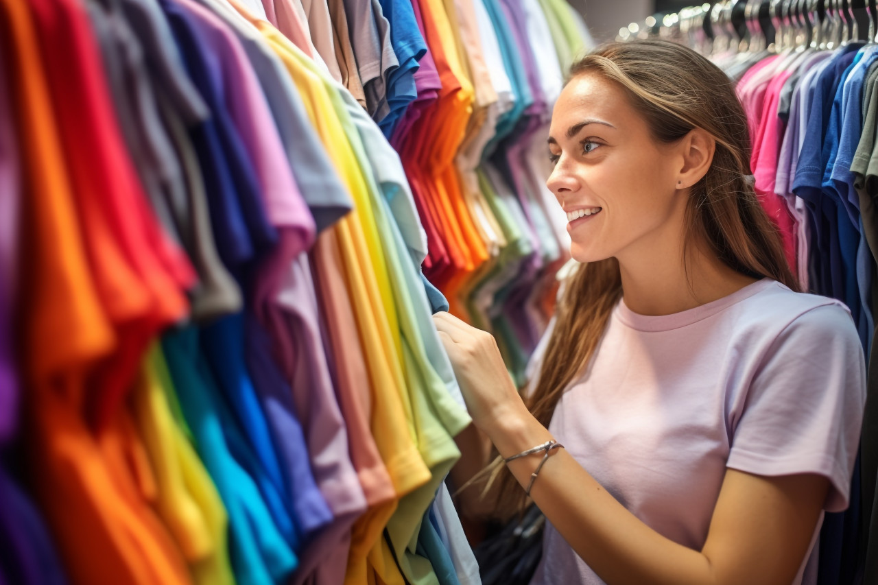 A photo of a young woman shopping in a fashion mall looking through hangers of casual and colorful clothes, black friday deals