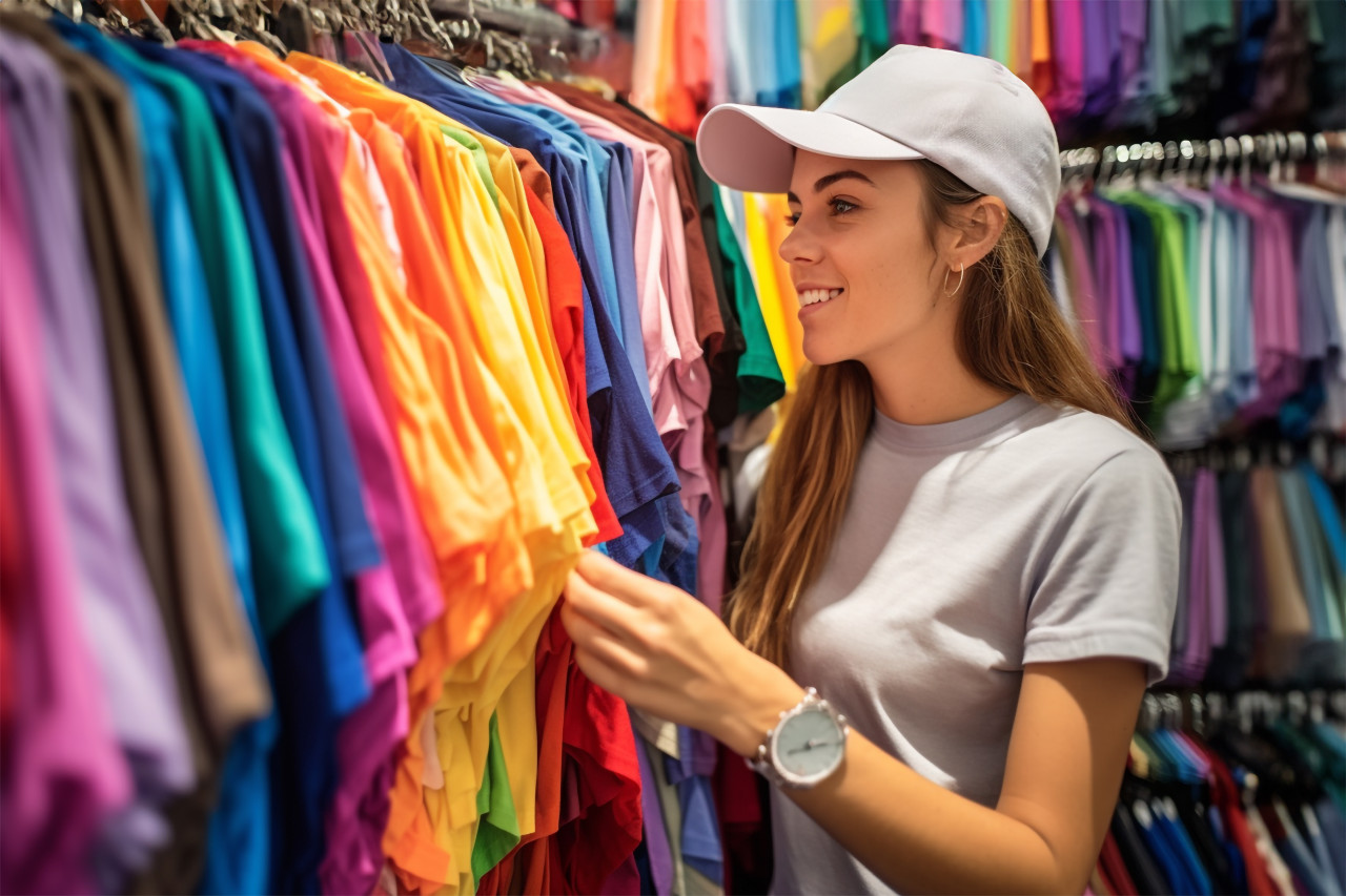 A photo of a young woman shopping in a fashion mall looking through hangers of casual and colorful clothes, black friday sale