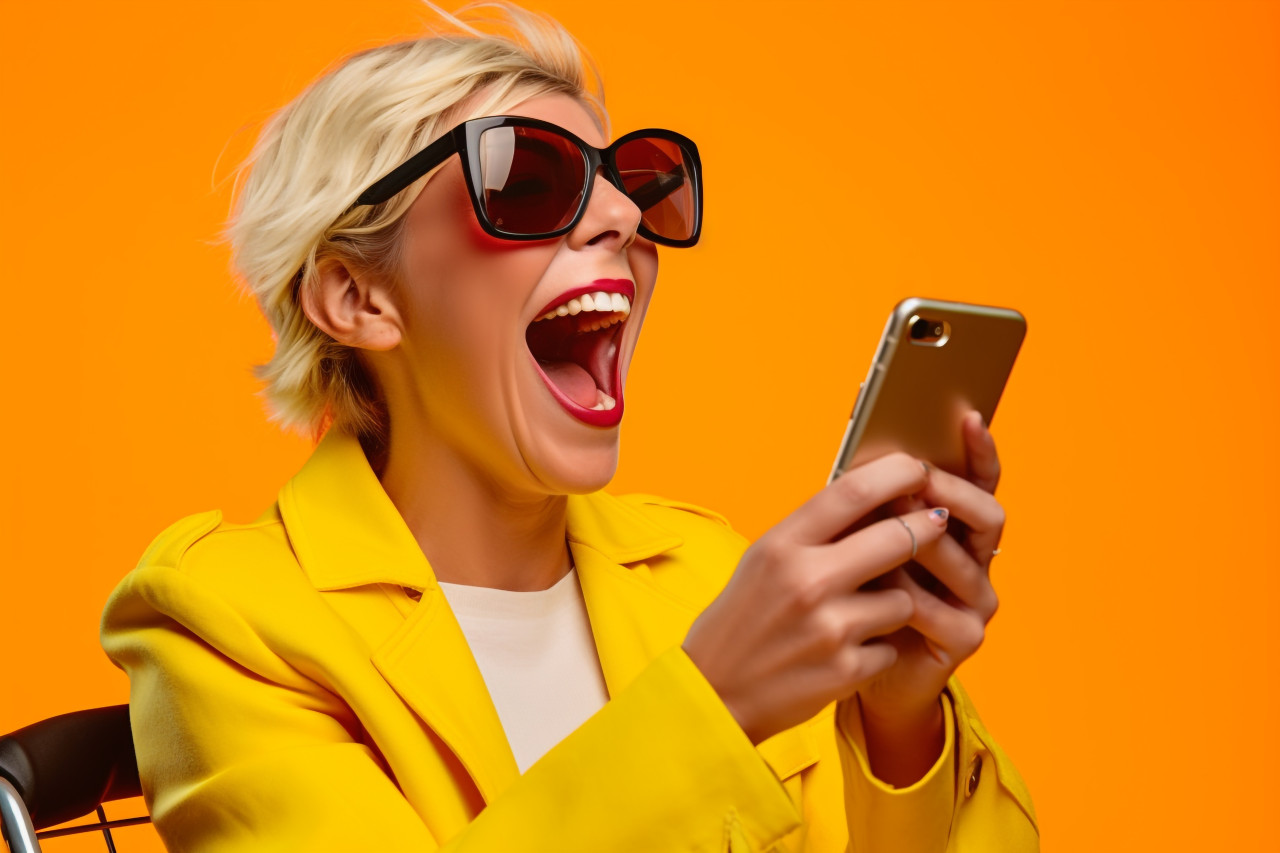 A photo of a happy white woman laughing and using her phone in a shopping cart with a yellow background, black friday sale