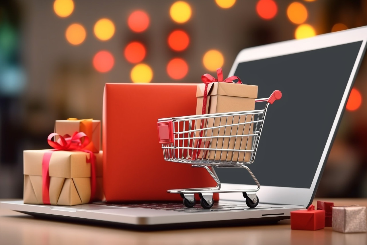 A picture of a shopping cart with product boxes, a shopping bag and a laptop computer, black friday sale