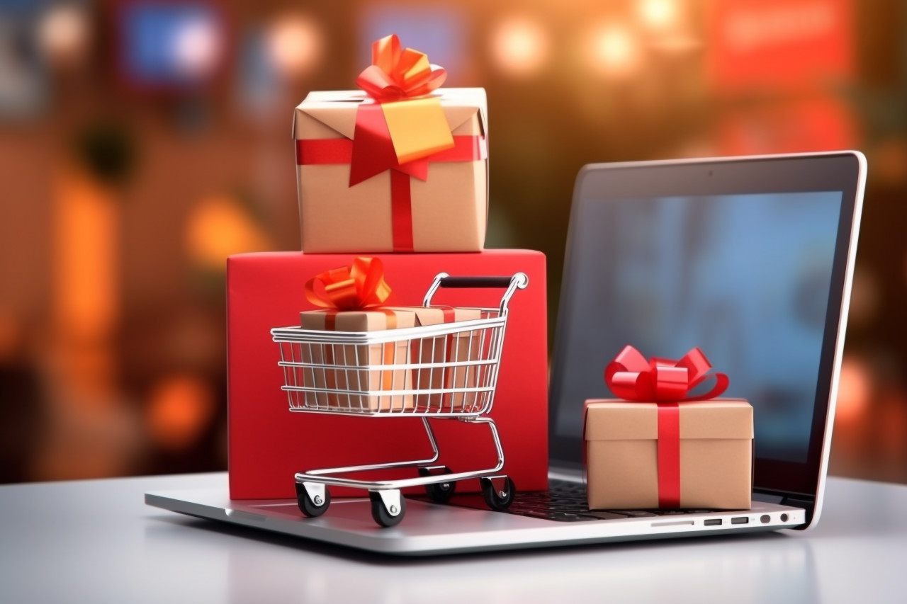 A picture of a shopping cart with product boxes, a shopping bag and a laptop computer, black friday sale