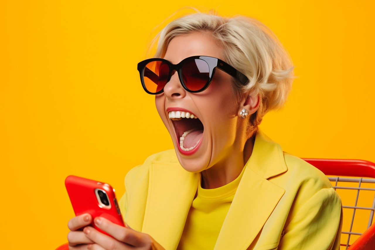 A photo of a happy white woman laughing and using her phone in a shopping cart with a yellow background, black friday sale