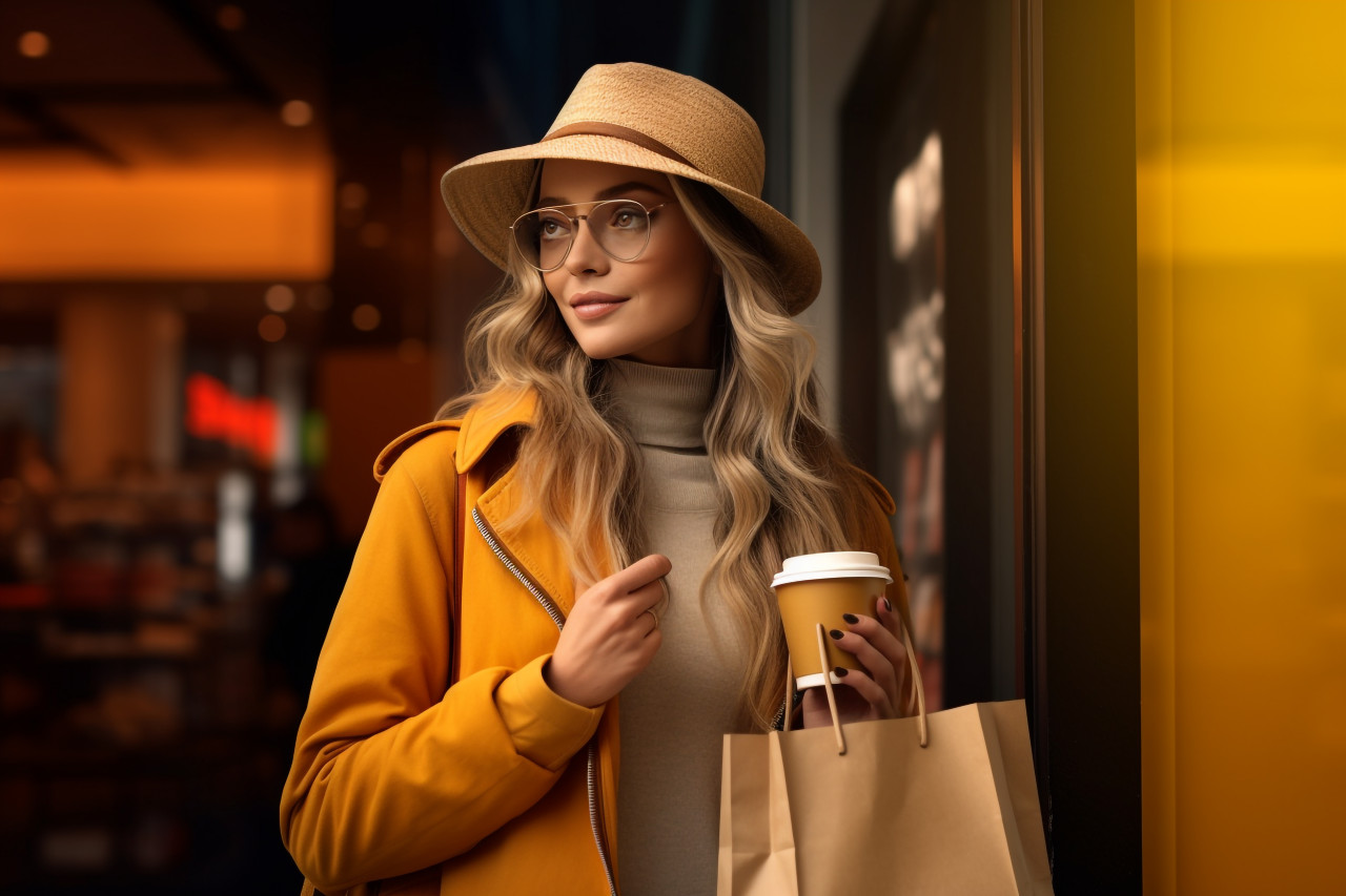 A photo of a pretty girl holding shopping bags and a warm drink, black friday sale