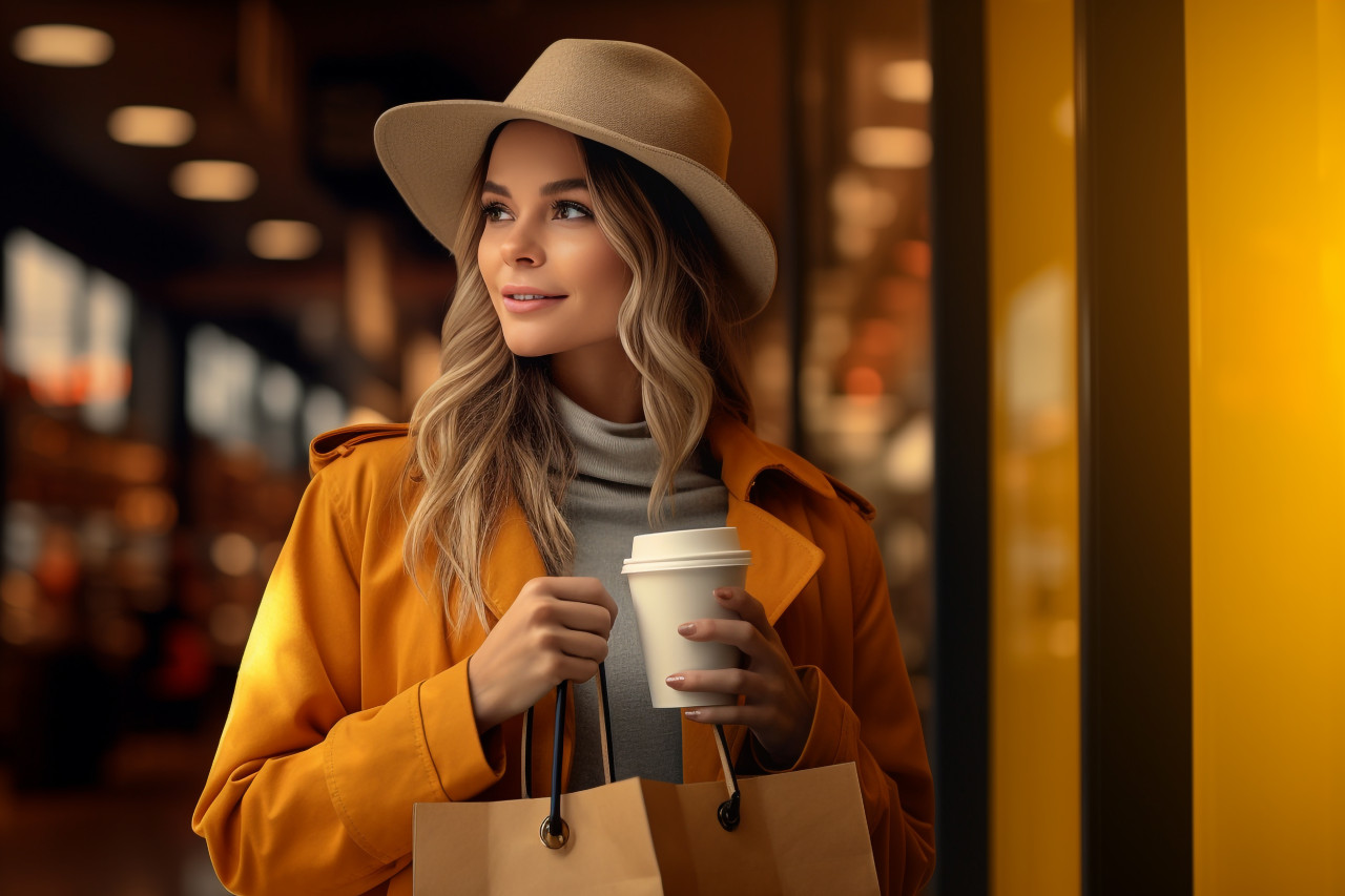 A photo of a pretty girl holding shopping bags and a warm drink, black friday sale