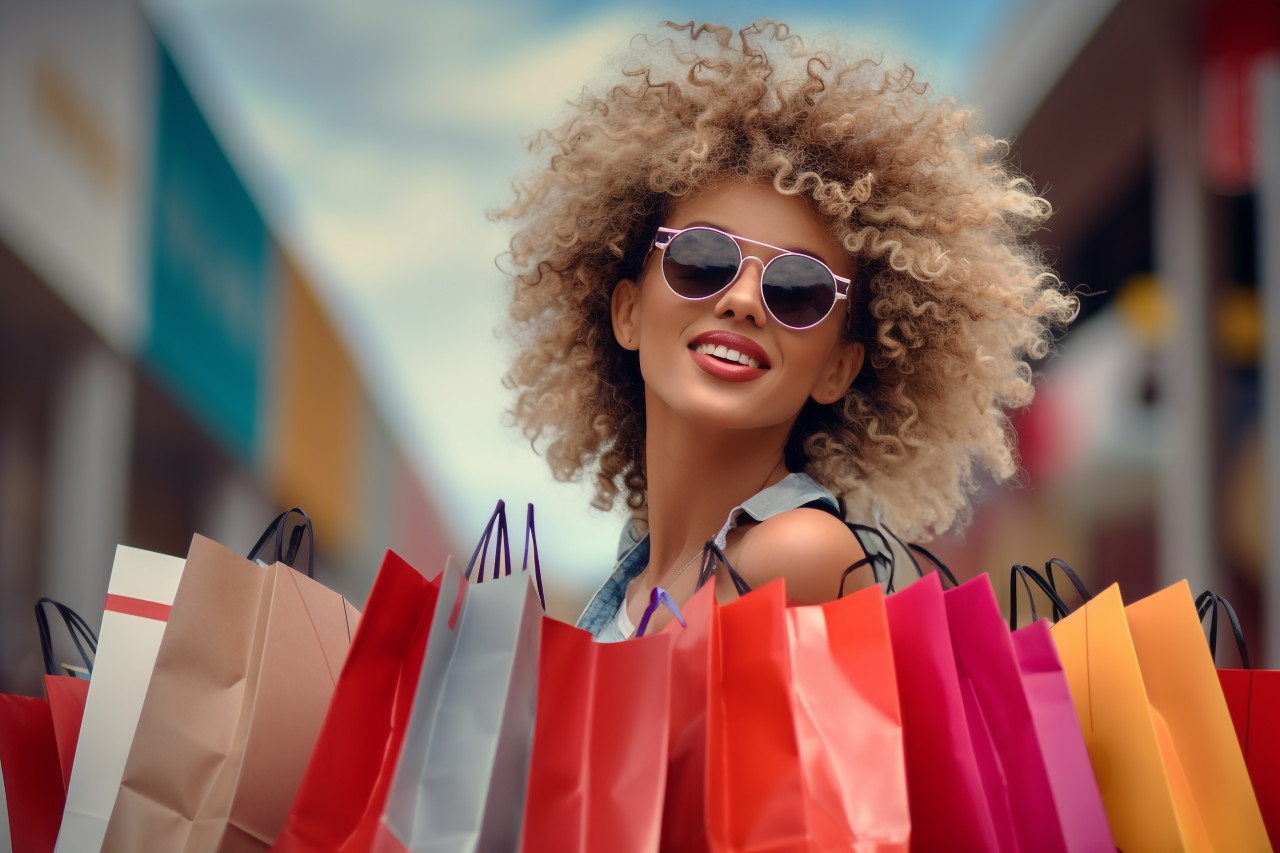 A picture of a young woman holding shopping bags outside a shopping mall, black friday sale