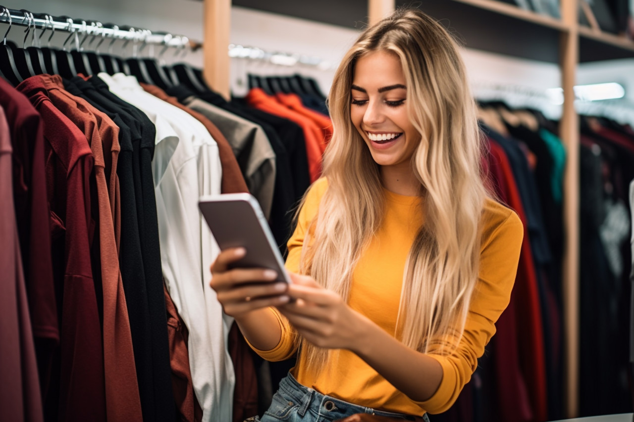 Photo of a happy woman shopping for clothes in a store using her phone to compare prices online, black friday sale