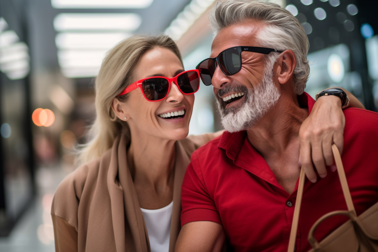 A photo of a couple shopping together happy to be spending money and enjoying each others company, black friday sale