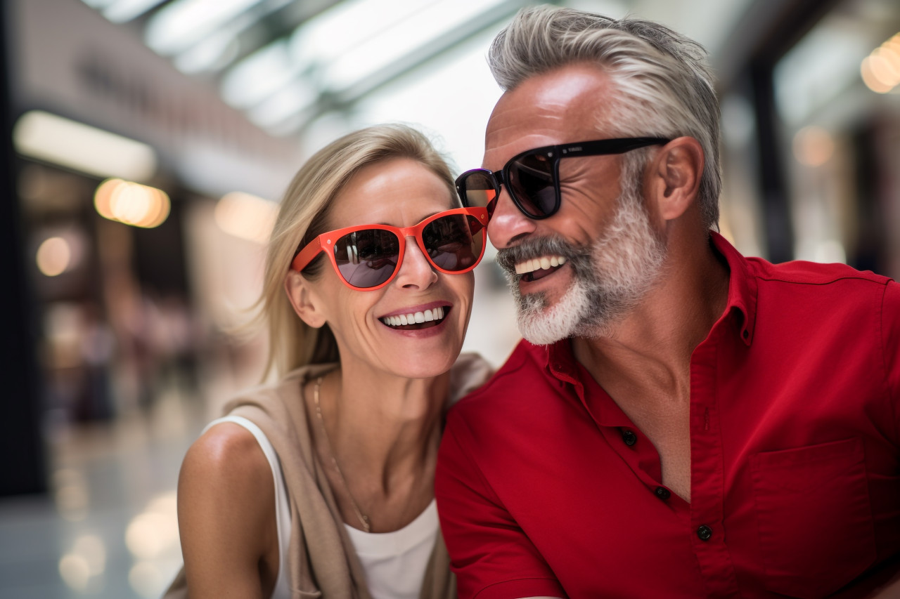 A photo of a couple shopping together happy to be spending money and enjoying each others company, black friday sale