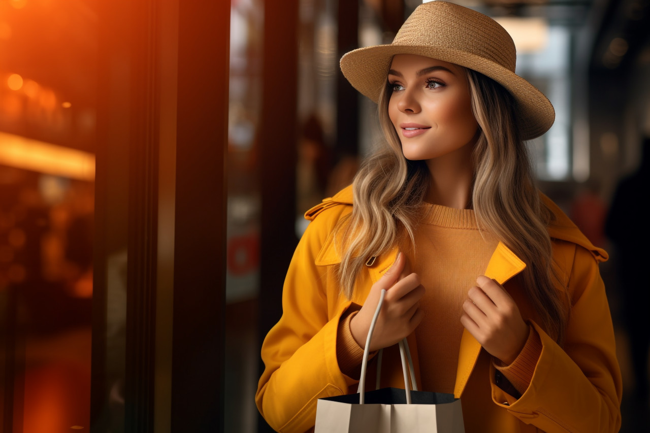A photo of a pretty girl holding shopping bags and a warm drink, black friday sale