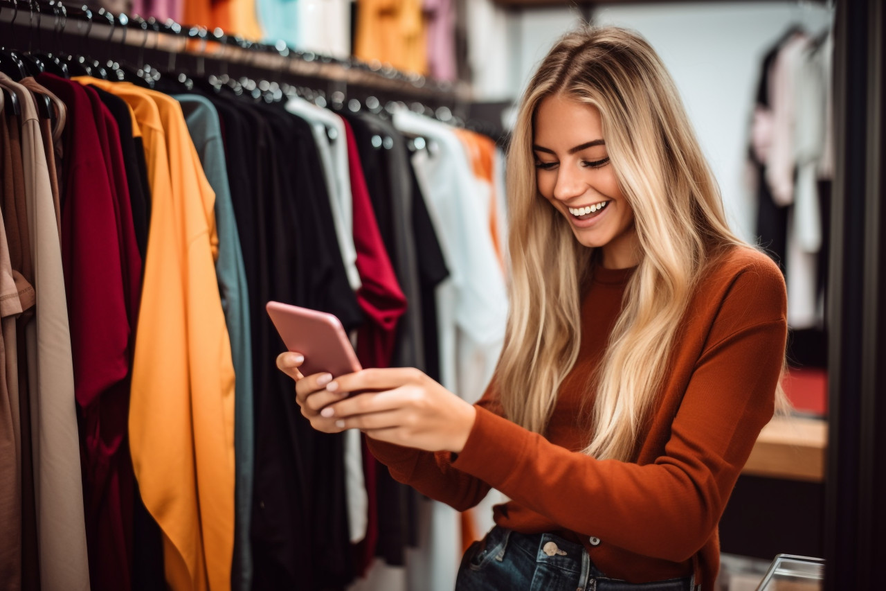 Photo of a happy woman shopping for clothes in a store using her phone to compare prices online, black friday sale