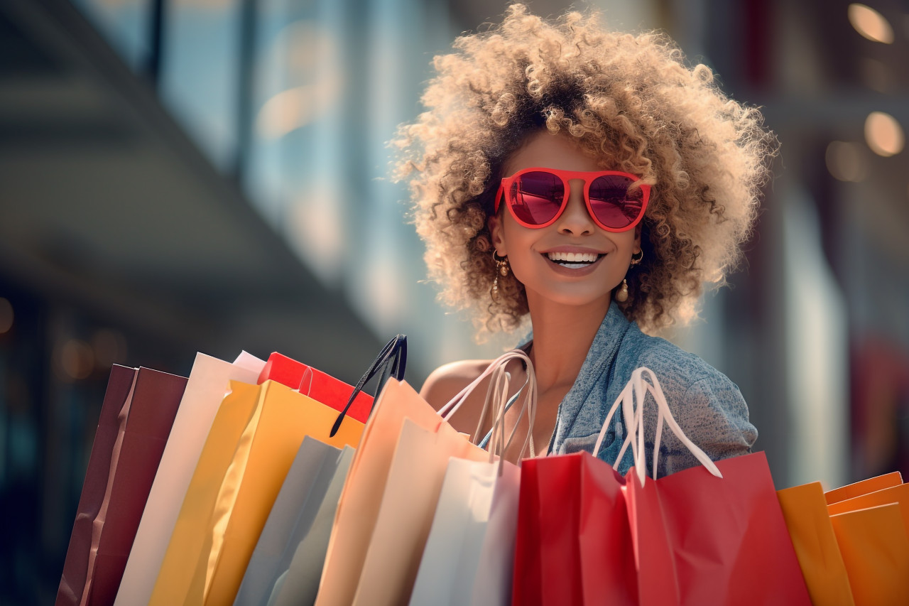 A picture of a young woman holding shopping bags outside a shopping mall, black friday sale