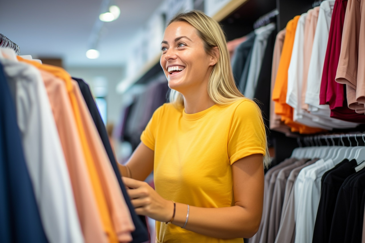 A picture of a young woman shopping in a clothing store a salesperson is helping her by giving her advice, black friday sale