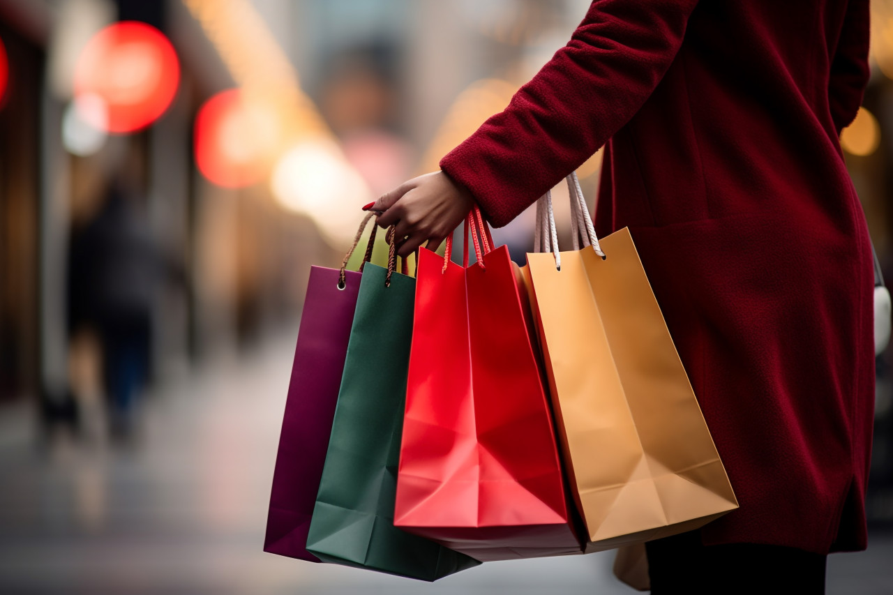 A picture of a woman carrying shopping bags outside while she is shopping, black friday sale
