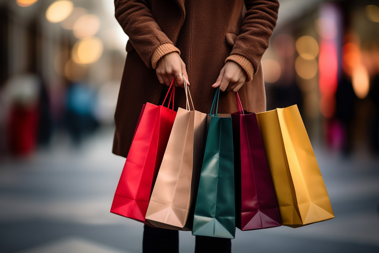 A picture of a woman carrying shopping bags outside while she is shopping, black friday sale