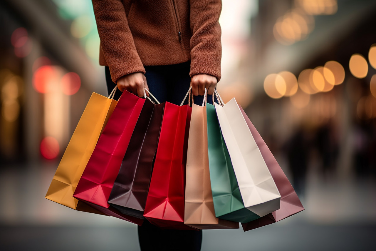 A picture of a woman carrying shopping bags outside while she is shopping, black friday sale