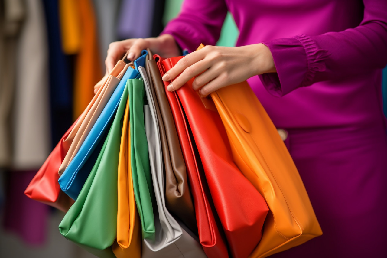 A picture of a smiling woman with orange pants and many shopping bags, black friday sale