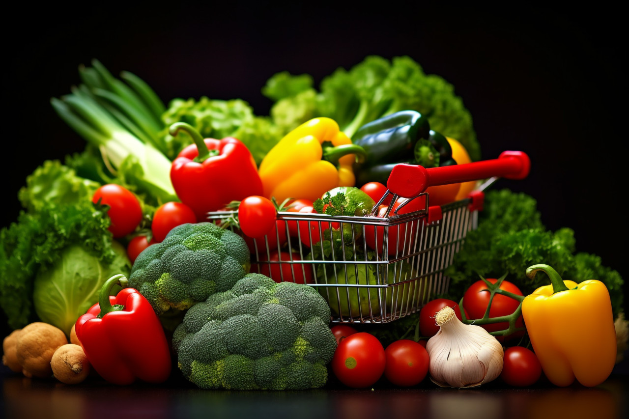 A picture of a woman pushing a cart full of fresh and tasty fruits and vegetables showing that she is grocery shopping, black friday sale
