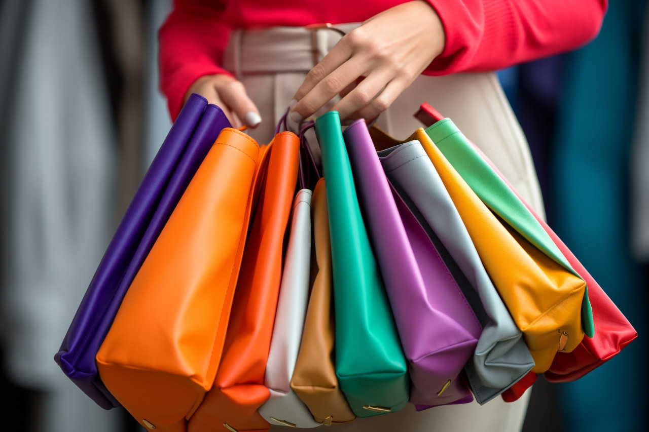 A picture of a smiling woman with orange pants and many shopping bags, black friday sale