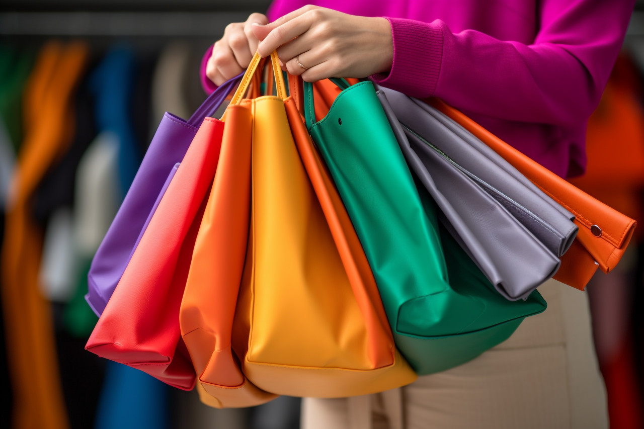 A picture of a smiling woman with orange pants and many shopping bags, black friday sale