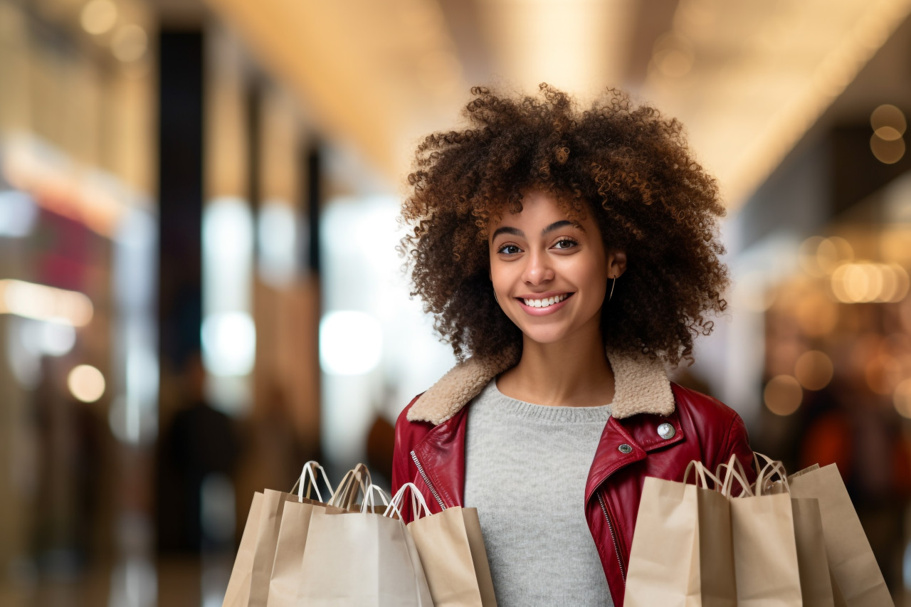 Picture of a confident young woman in casual clothes standing in a mall with bags in her hands, black friday sale