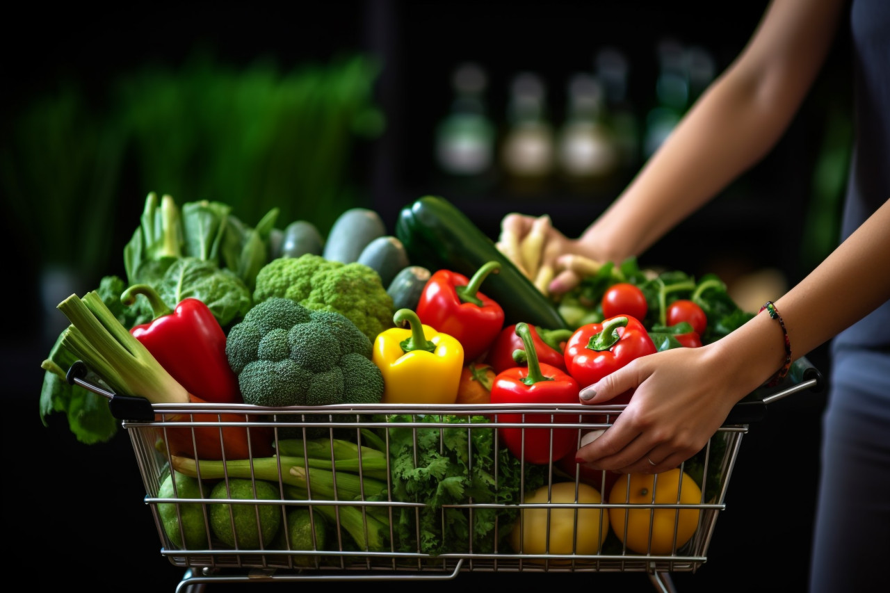 A picture of a woman pushing a cart full of fresh and tasty fruits and vegetables showing that she is grocery shopping, black friday sale