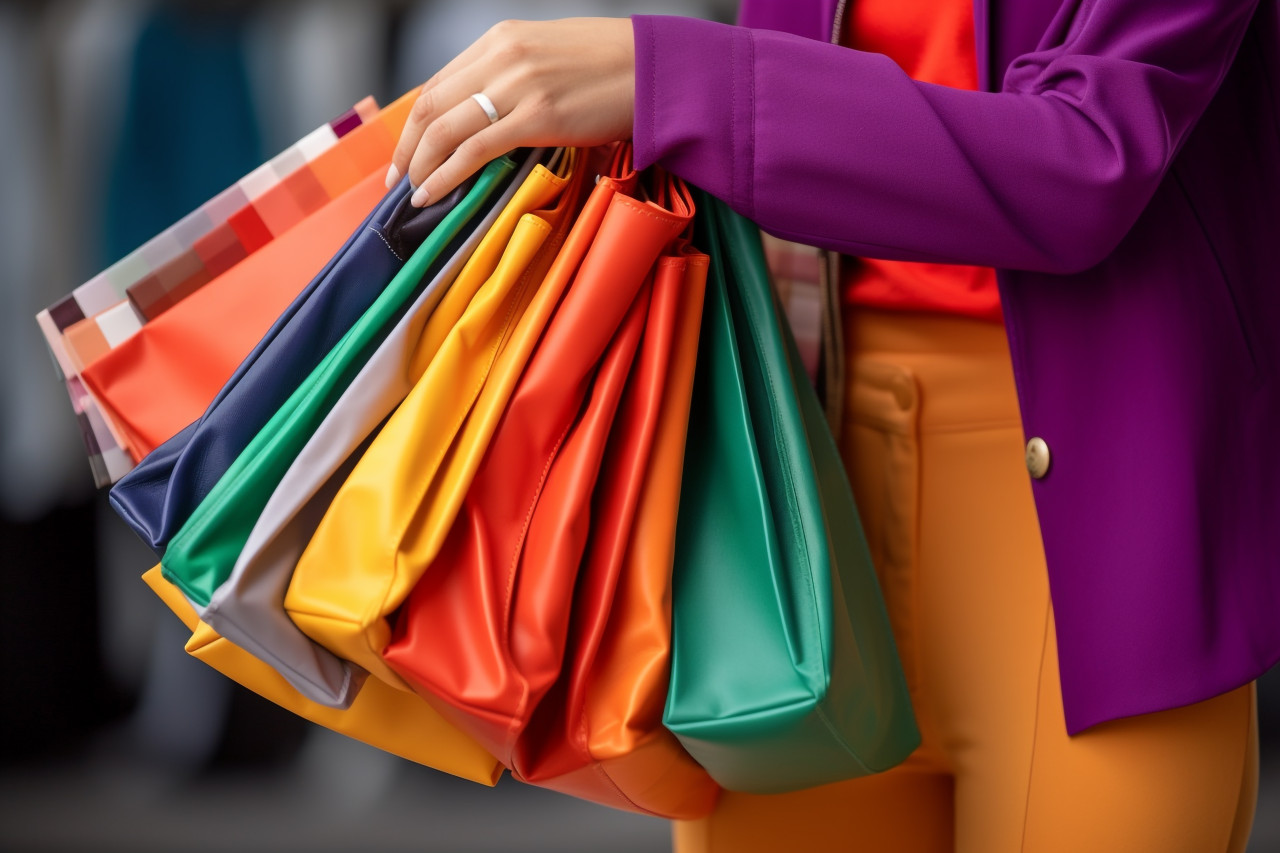 A picture of a smiling woman with orange pants and many shopping bags, black friday sale