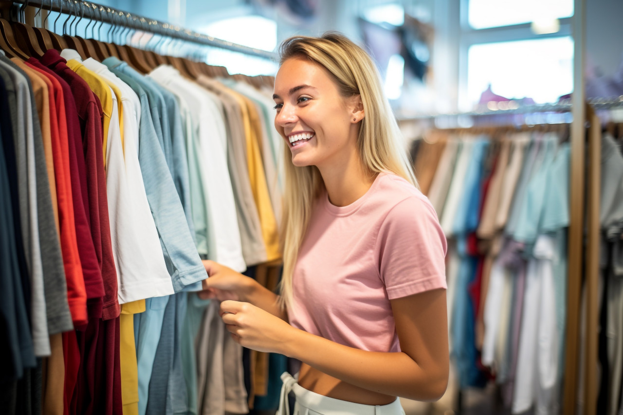 A picture of a young woman shopping in a clothing store a salesperson is helping her by giving her advice, black friday sale
