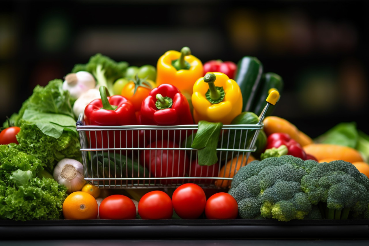 A picture of a woman pushing a cart full of fresh and tasty fruits and vegetables showing that she is grocery shopping, black friday sale