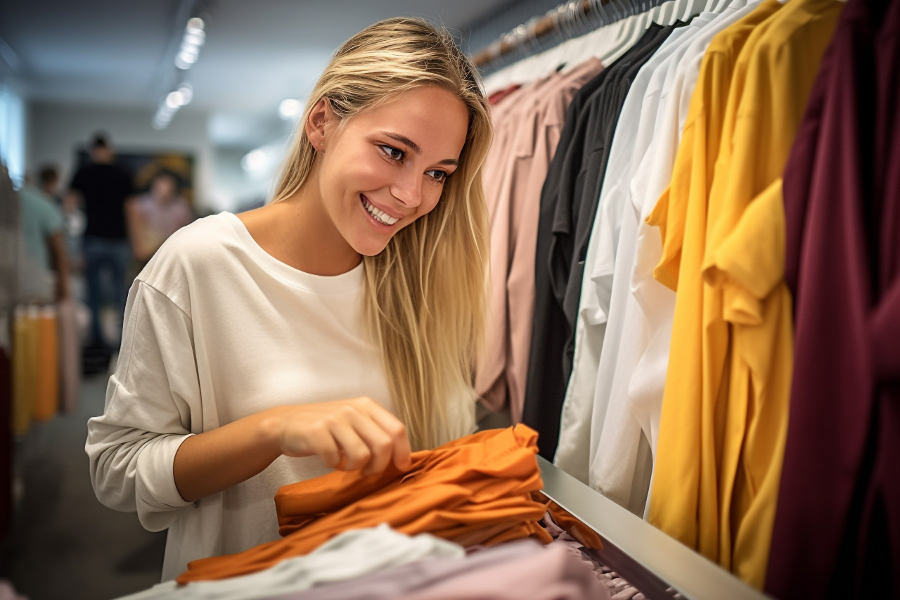 A picture of a young woman shopping in a clothing store a salesperson is helping her by giving her advice, black friday sale