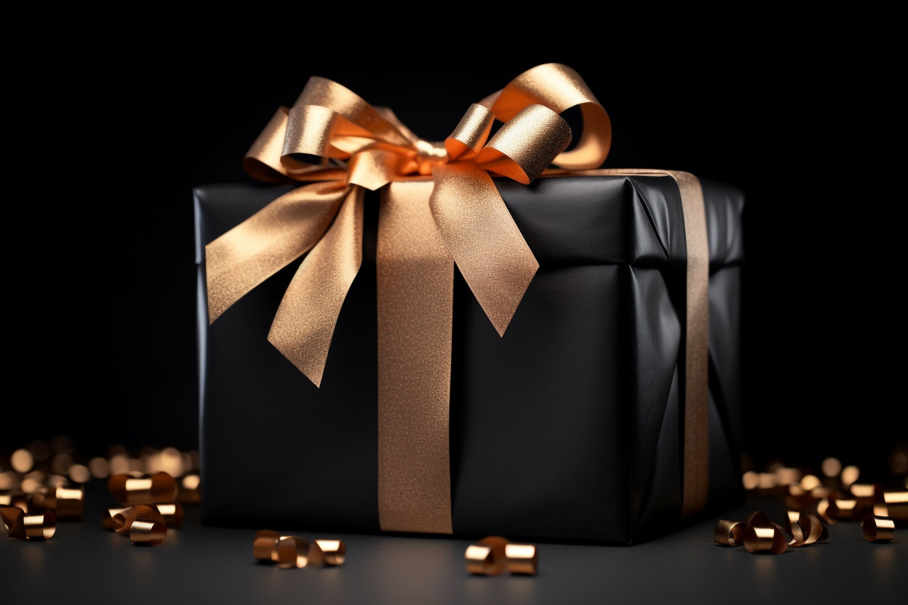 Black gift box with black ribbon on a dark surface, black friday sale