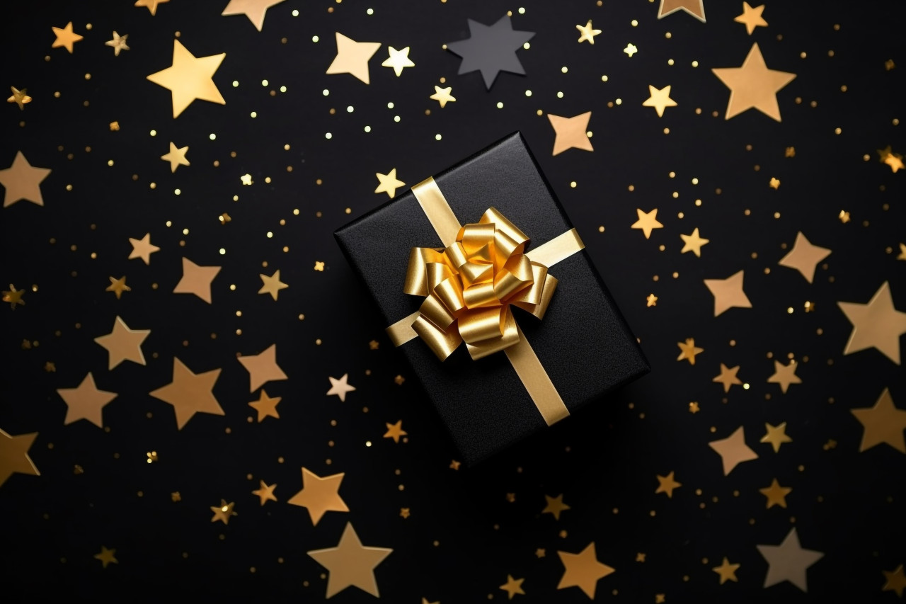 A photo of a flat lay of a black friday sale with a stylish gift box present and ribbon with gold star glitter on a black background, black friday sale