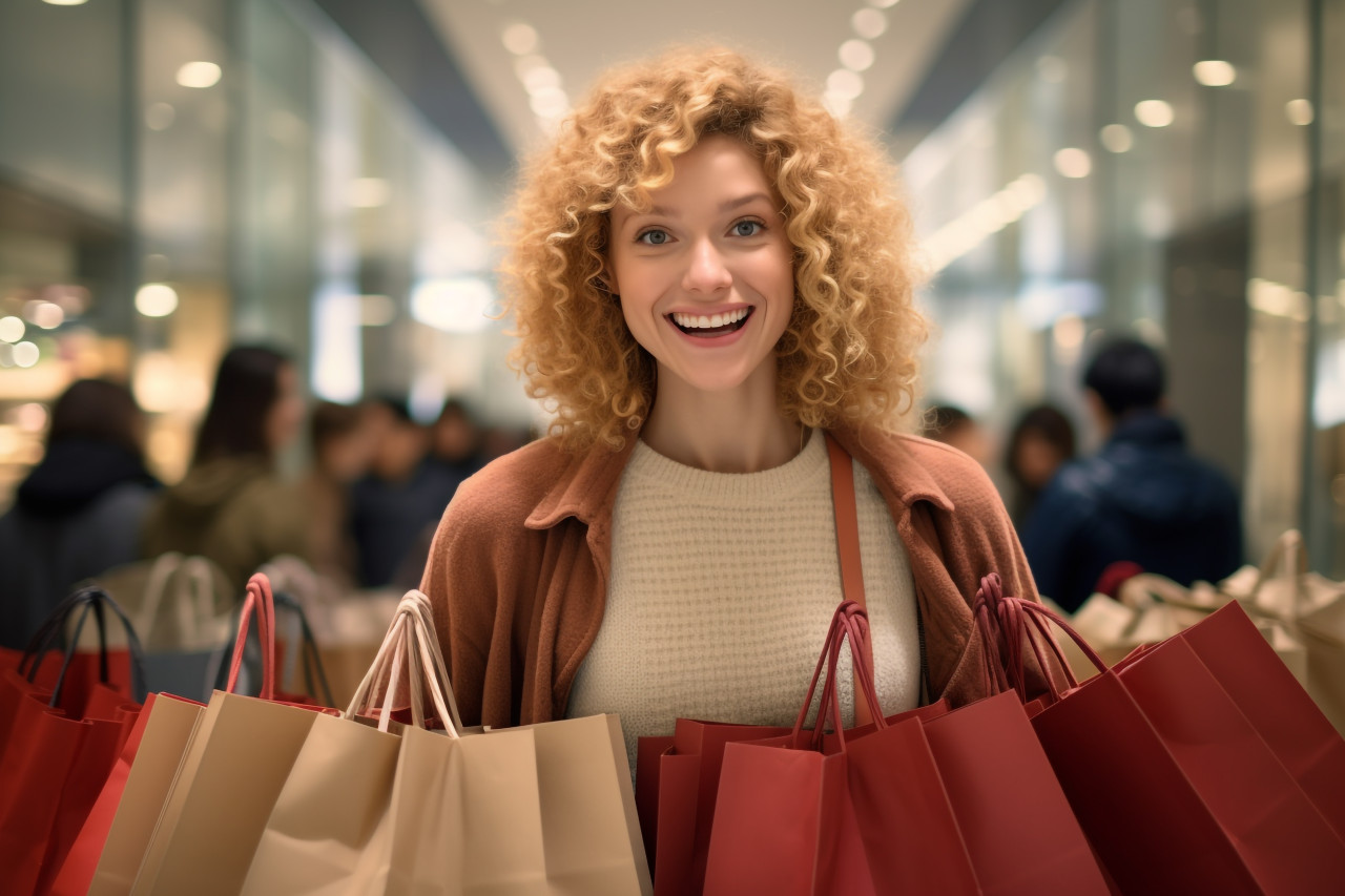 Picture of a confident young woman in casual clothes standing in a mall with bags in her hands, black friday sale