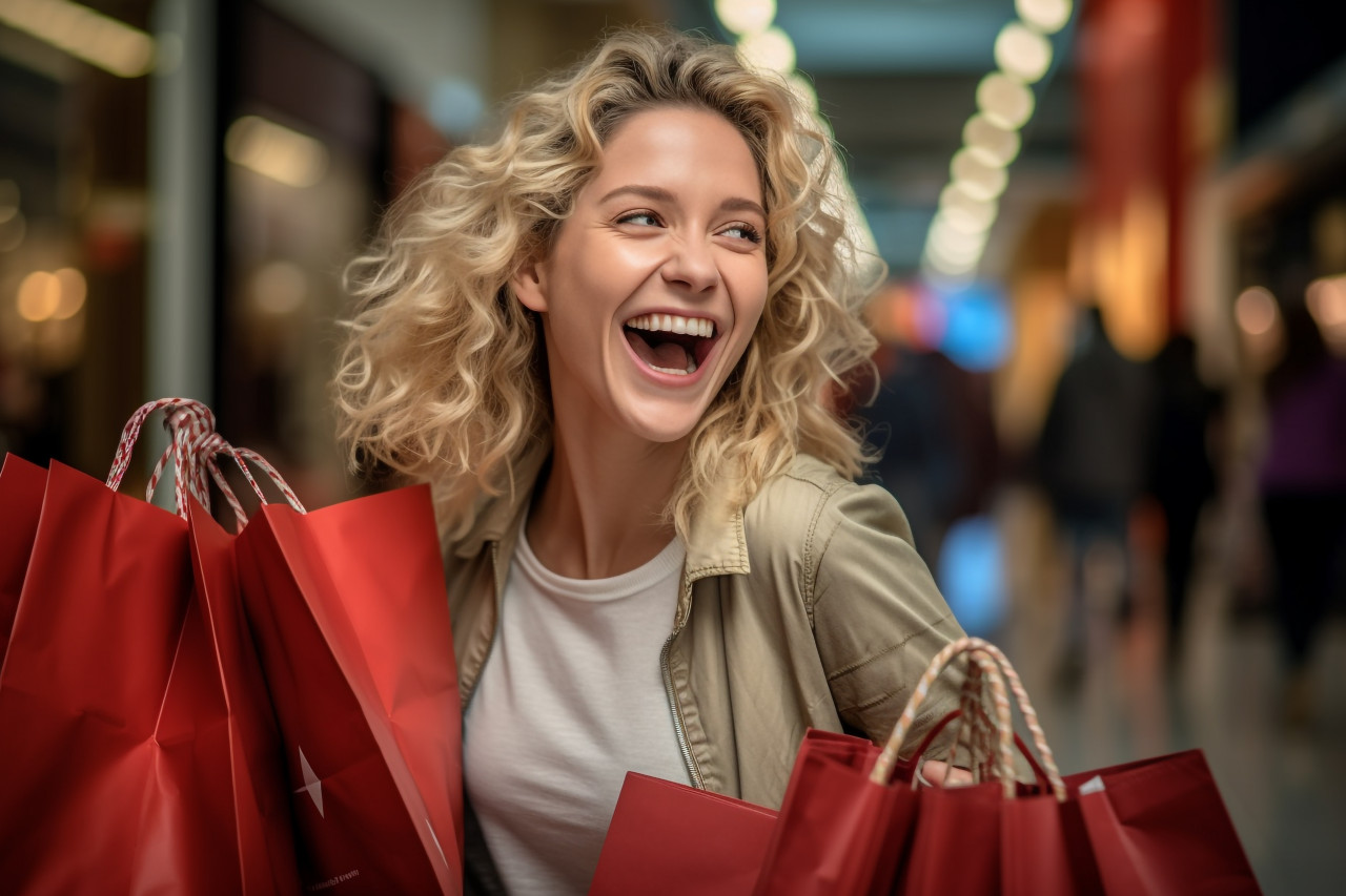 A woman is happy and smiling at the mall while carrying shopping bags, black friday sale