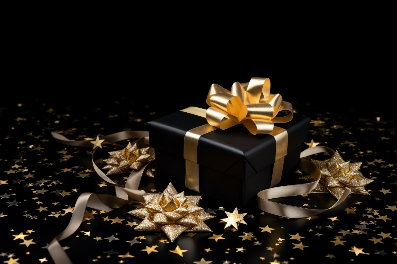 A photo of a flat lay of a black friday sale with a stylish gift box present and ribbon with gold star glitter on a black background, black friday sale