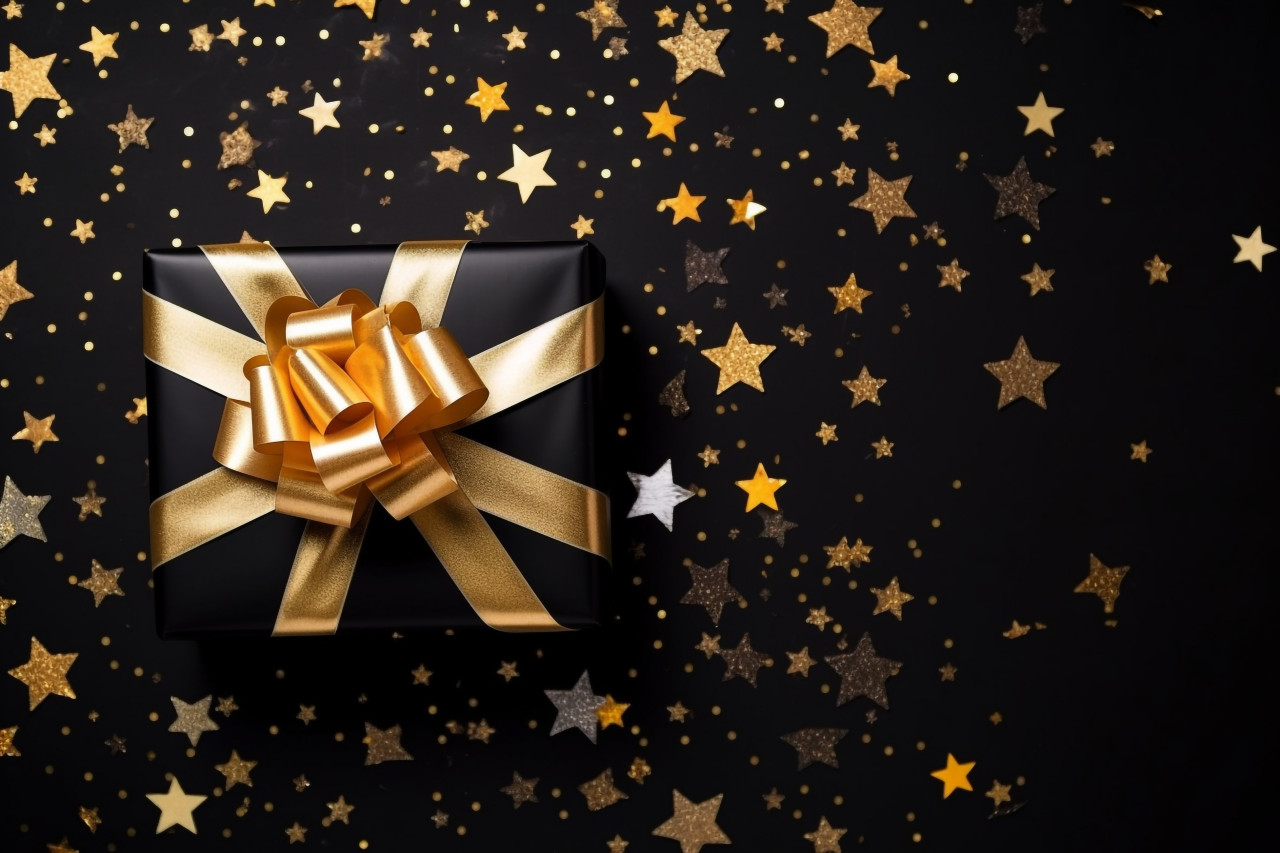A photo of a flat lay of a black friday sale with a stylish gift box present and ribbon with gold star glitter on a black background, black friday sale