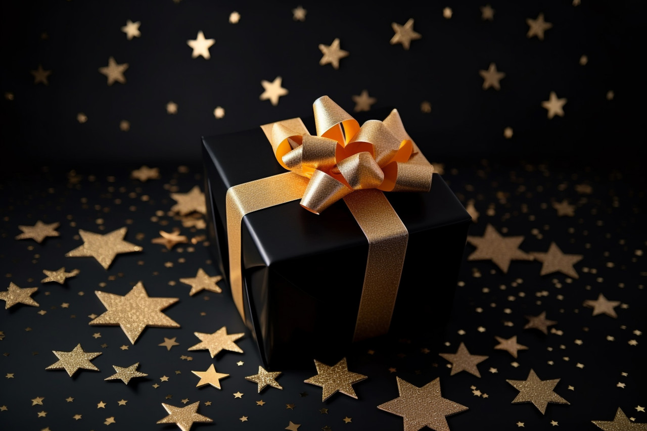 A photo of a flat lay of a black friday sale with a stylish gift box present and ribbon with gold star glitter on a black background, black friday sale
